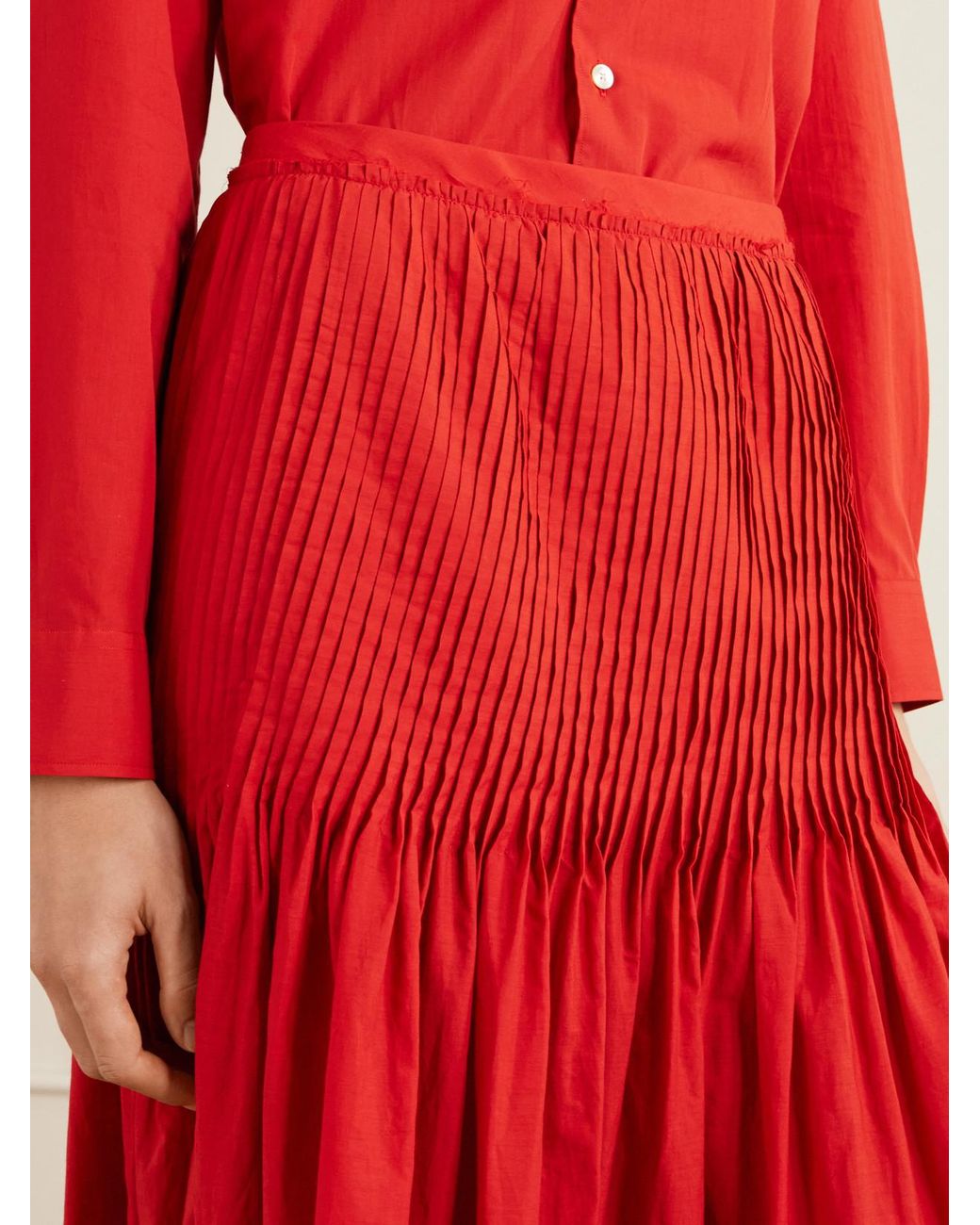 Auralee Red Pleated Cotton-Poplin Midi Skirt