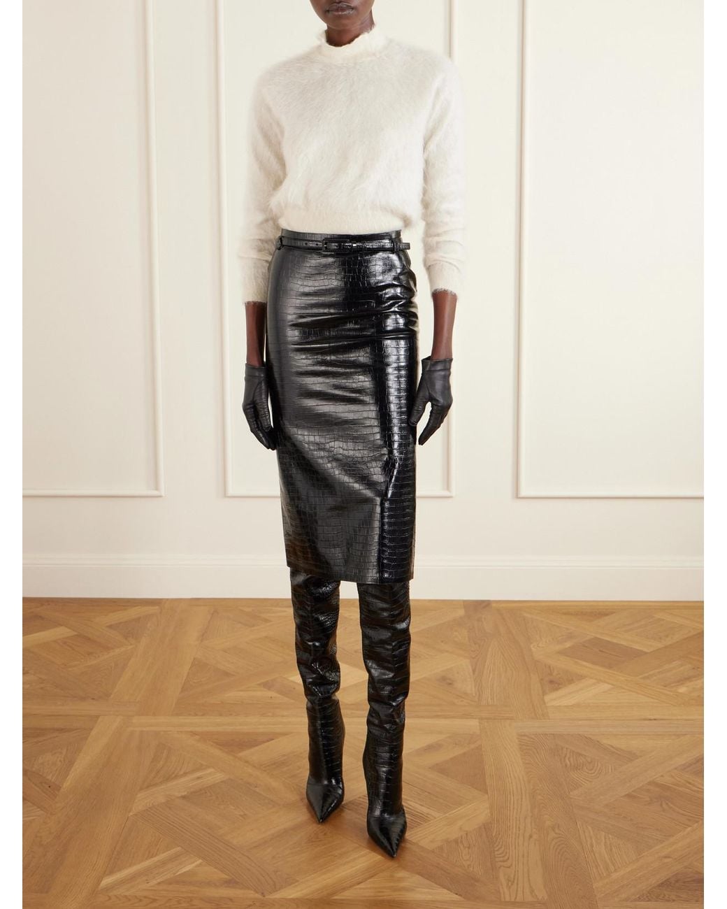 Tom Ford Black Belted Croc-Effect Leather Midi Skirt