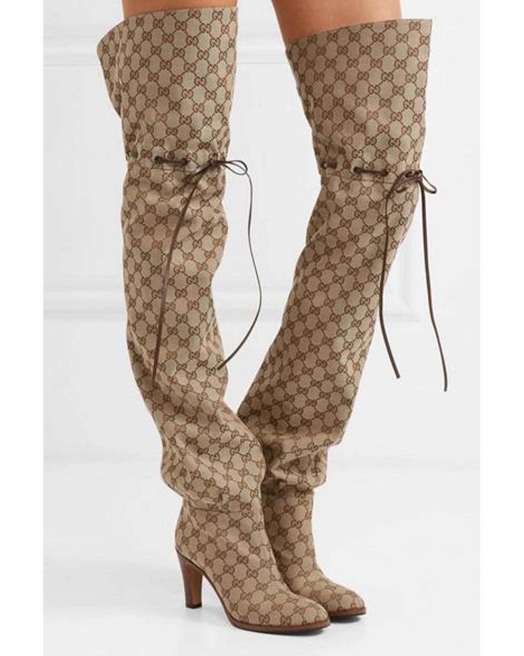 Gucci Leather-trimmed Logo-jacquard Over-the-knee Boots in Natural | Lyst