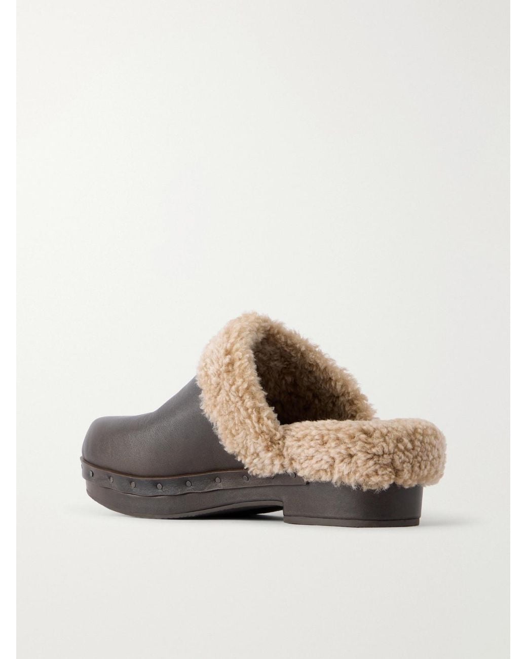 Brunello Cucinelli Brown Monili-Embellished Shearling-Trimmed Leather Clogs