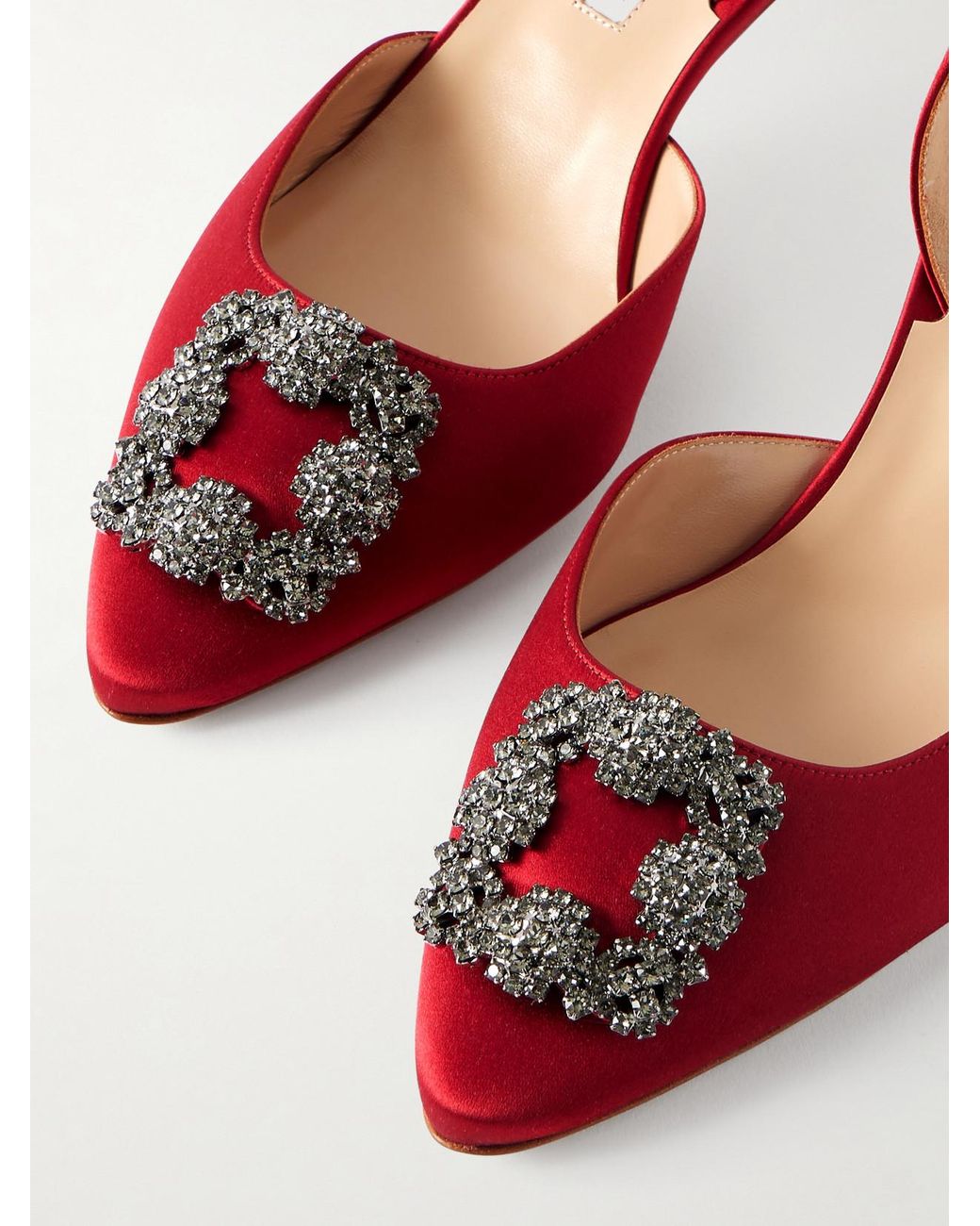 Manolo Blahnik Red Hangisli 50 Embellished Satin Slingback Pumps
