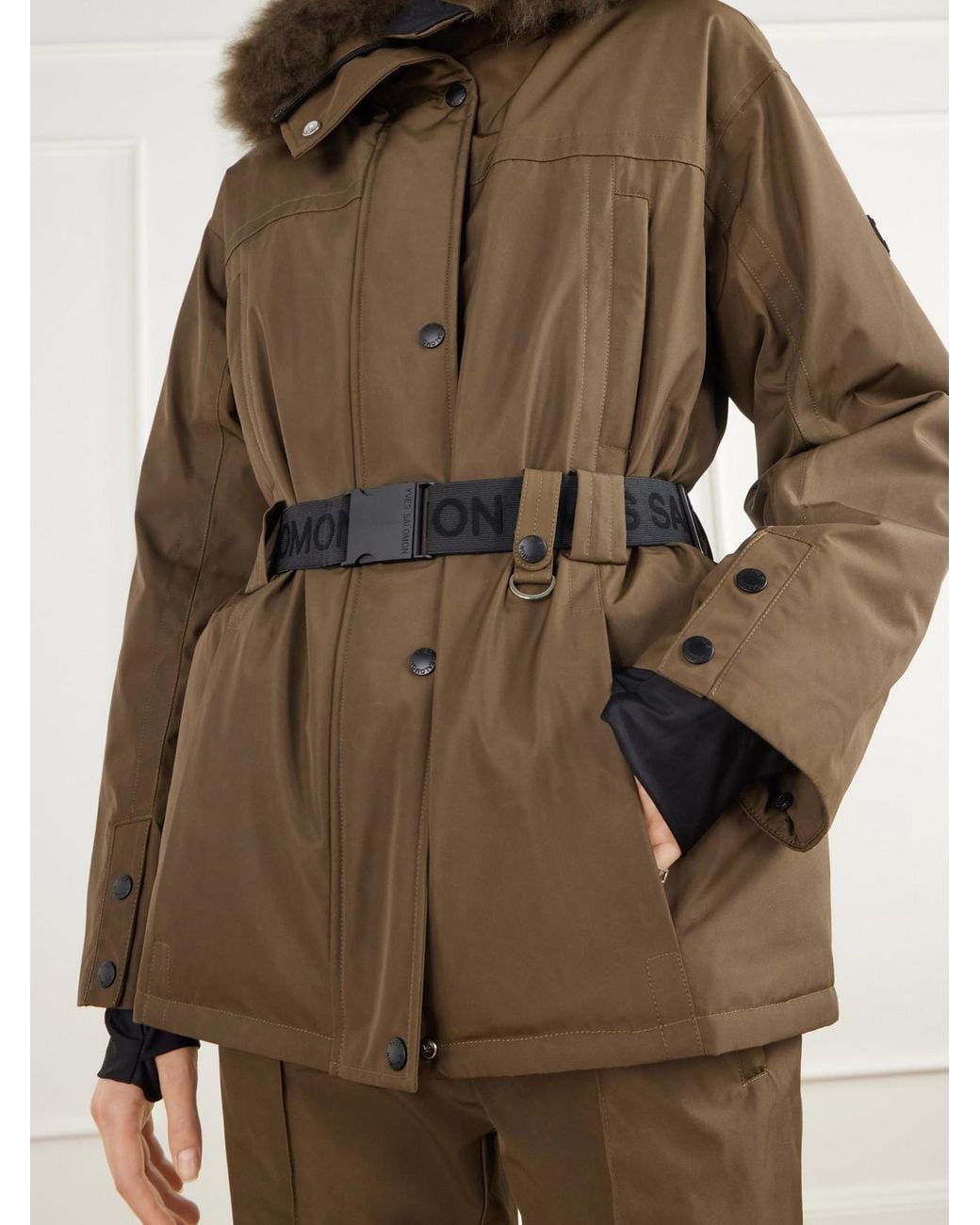 Yves Salomon Green Belted Hooded Shearling-Trimmed Shell Ski Jacket