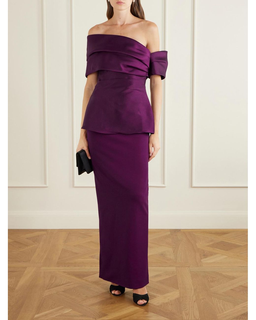 Solace London Purple Lucine Off-The-Shoulder Satin-Twill Gown