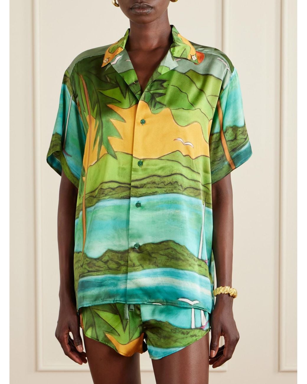 Donde Esteban Green Magdalena Printed Silk-Blend Satin Shirt