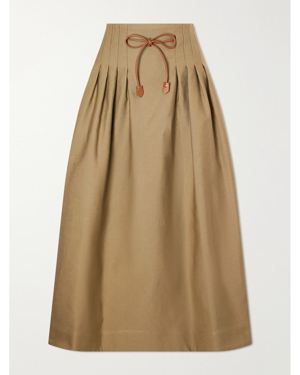 Max Mara Natural Tempio Belted Pleated Leather-Trimmed Cotton Midi Skirt
