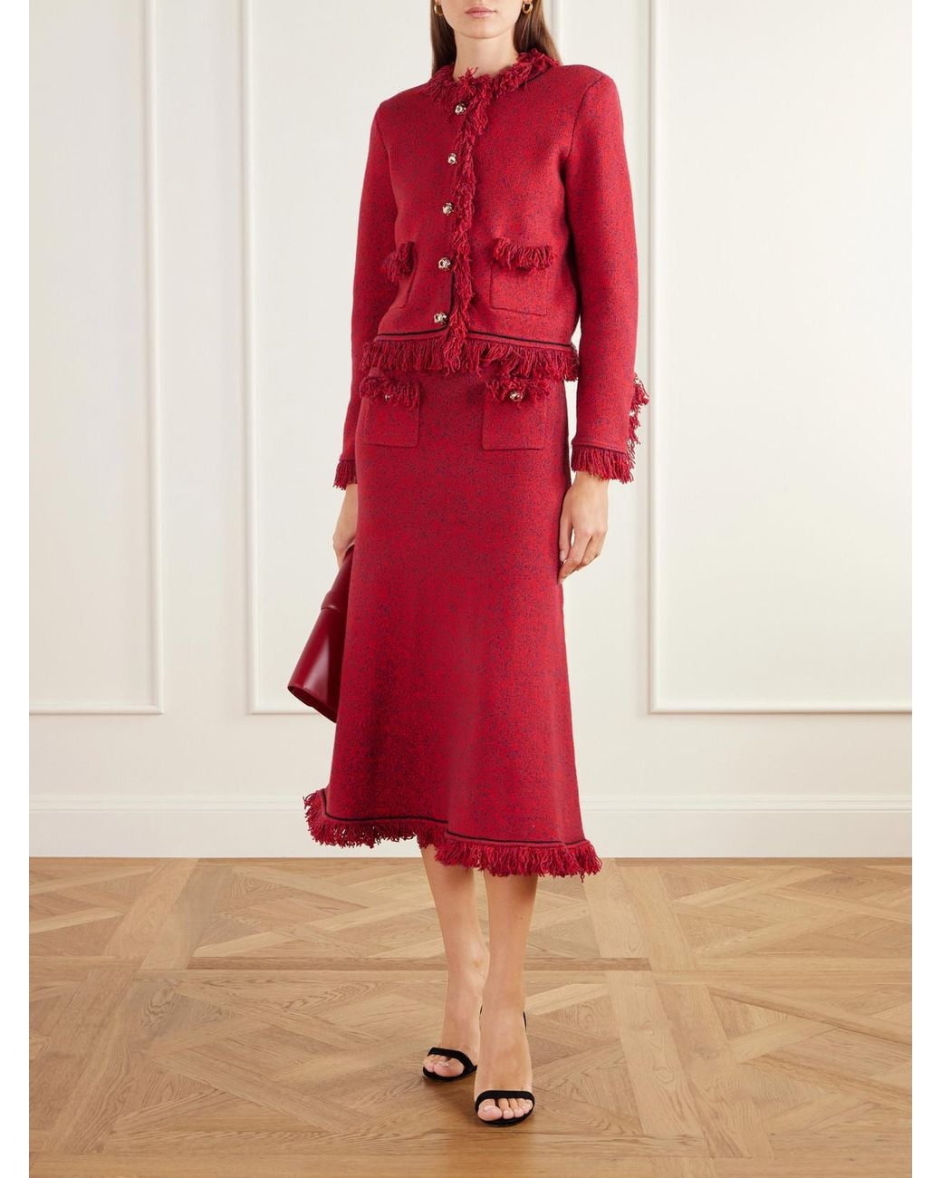 Self-Portrait Red Cropped Frayed Wool And Cotton-Blend Knitted Jacket
