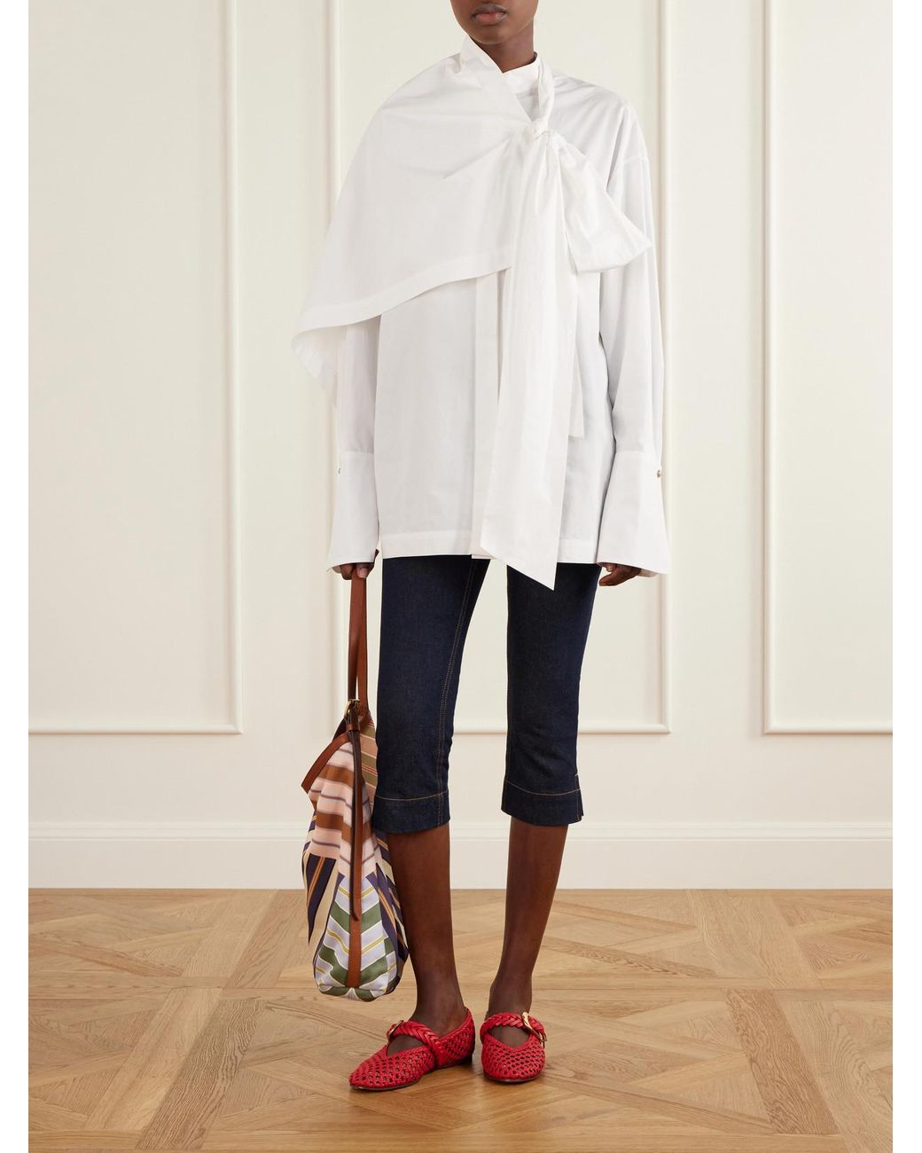 Zimmermann White Clash Tie-Detailed Asymmetric Cotton-Poplin Shirt