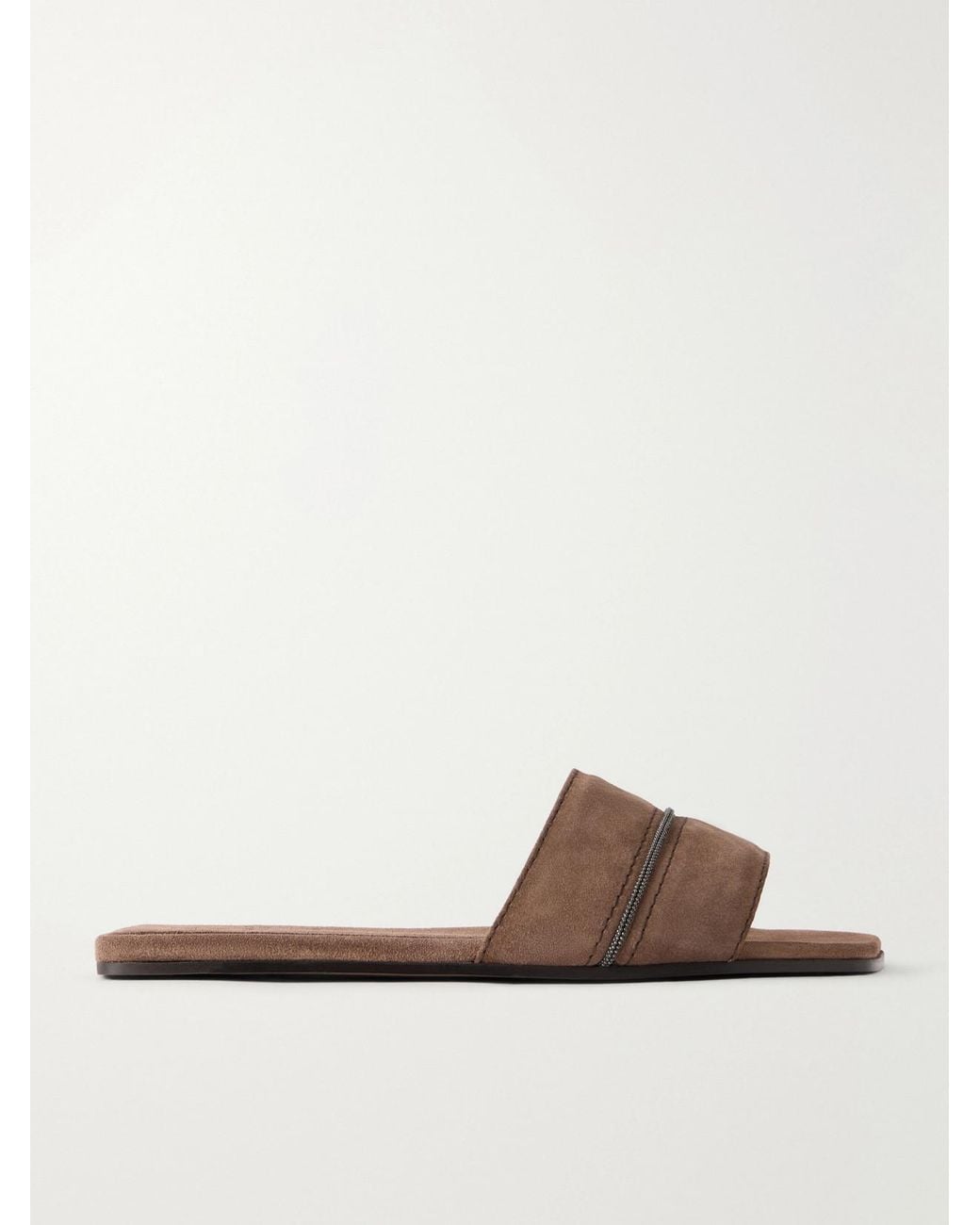 Brunello Cucinelli White Monilli-Embellished Suede Slides