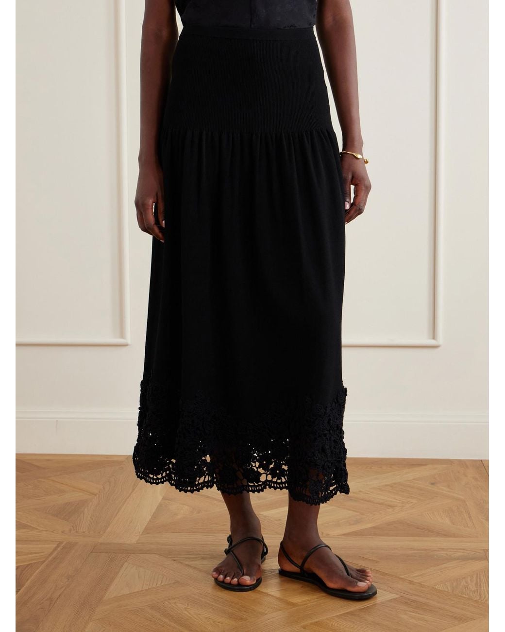 Ulla Johnson Black Leona Crochet-Trimmed Ribbed Midi Skirt