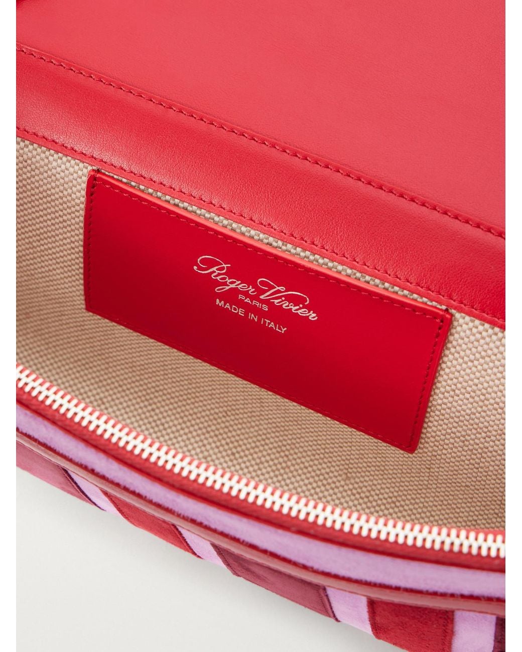 Roger Vivier Red Belle Vivier Buckled Leather-Trimmed Striped Suede Clutch