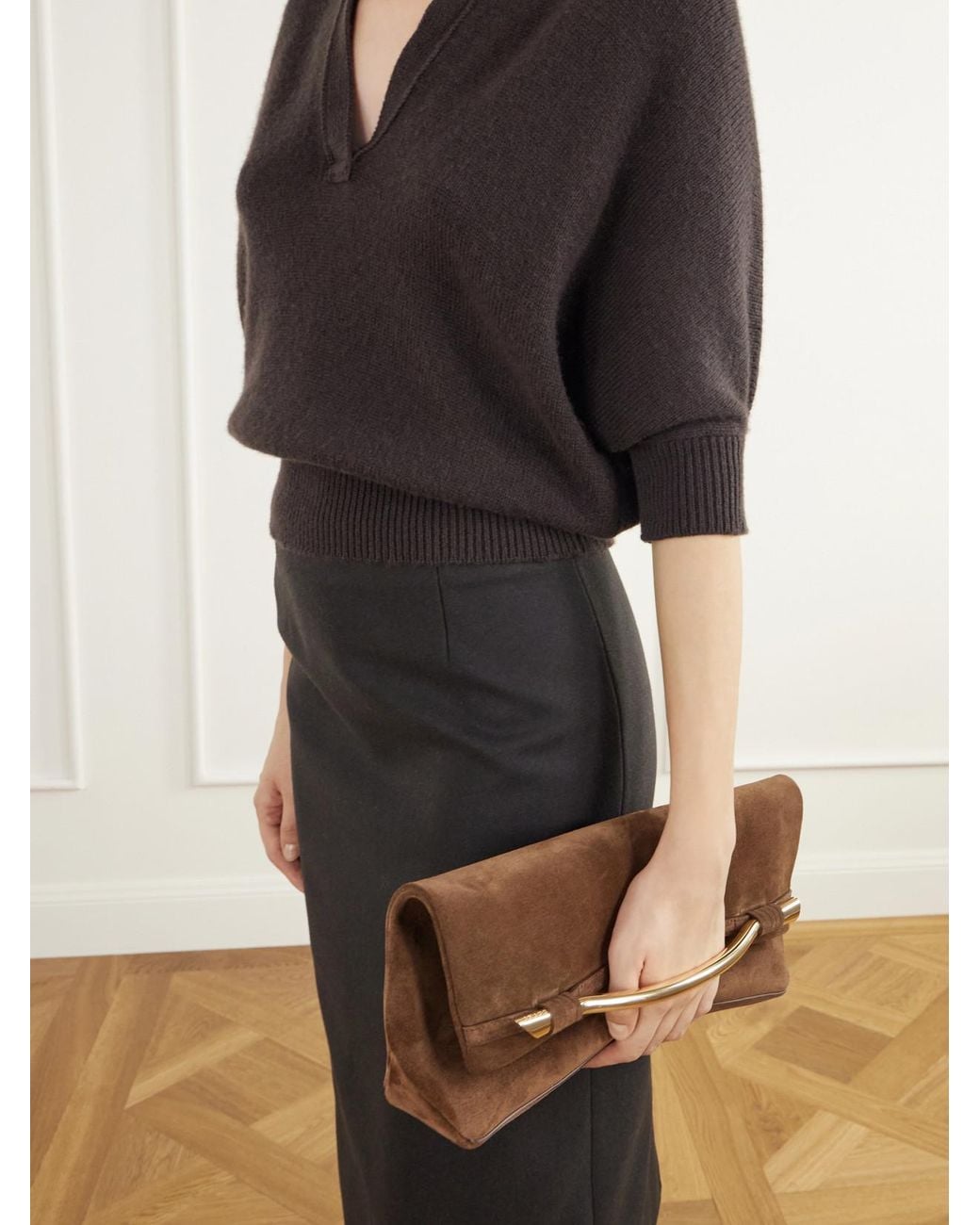 Amanu Brown Egypt Embellished Leather-Trimmed Suede Clutch