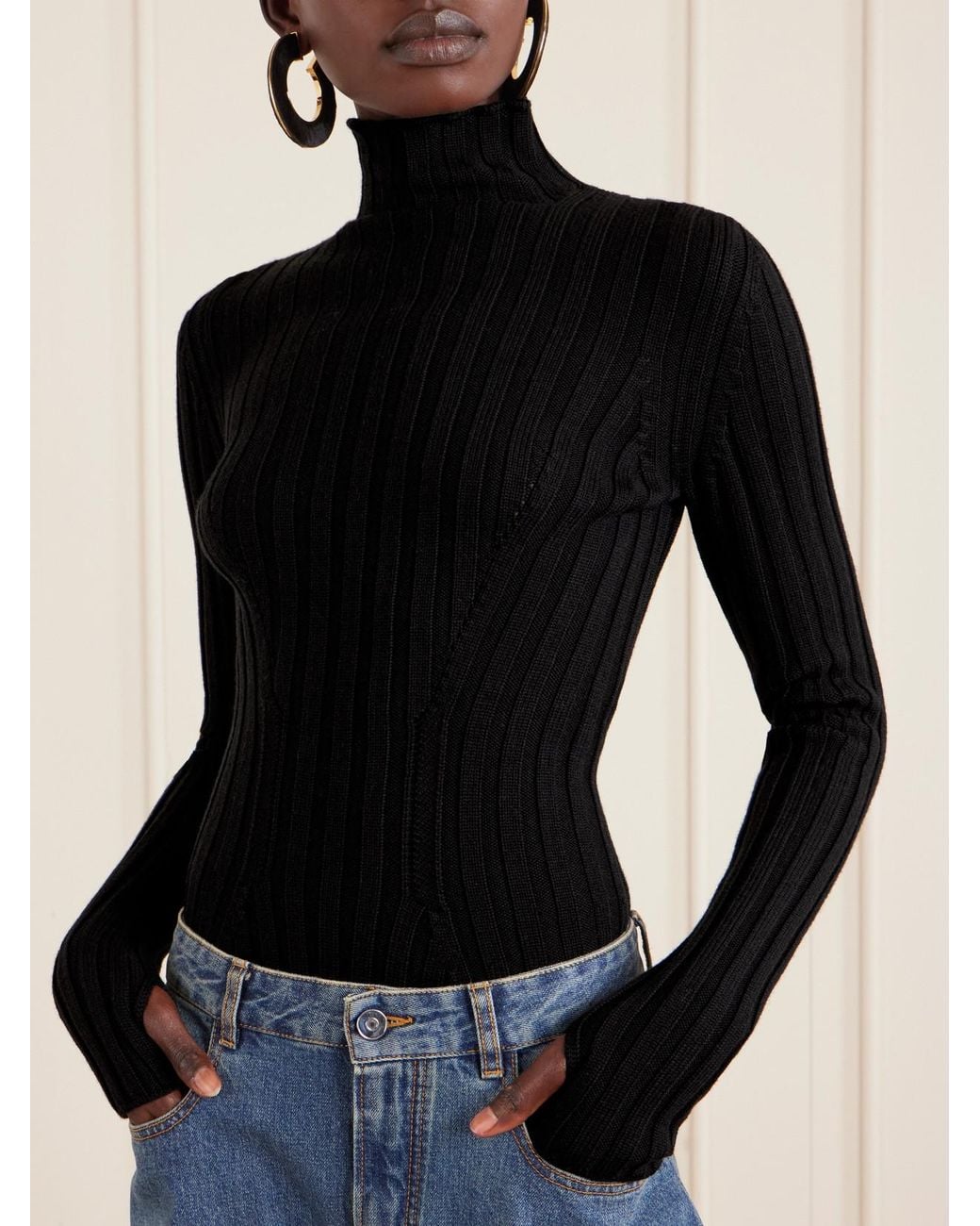 Alaïa Black Ribbed Wool Turtleneck Bodysuit