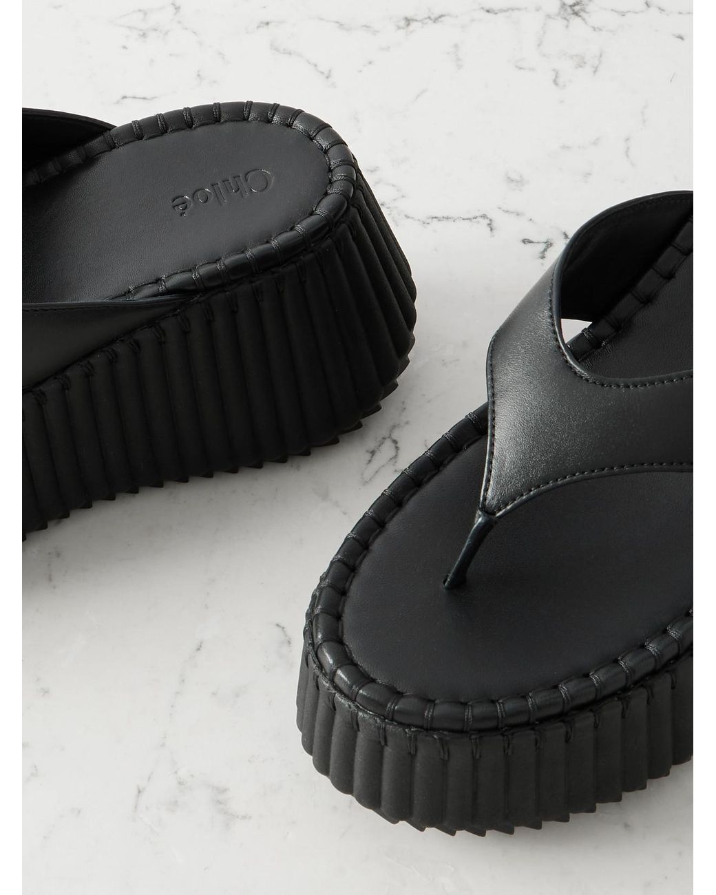 Chloé Black Nama Leather Platform Flip Flops