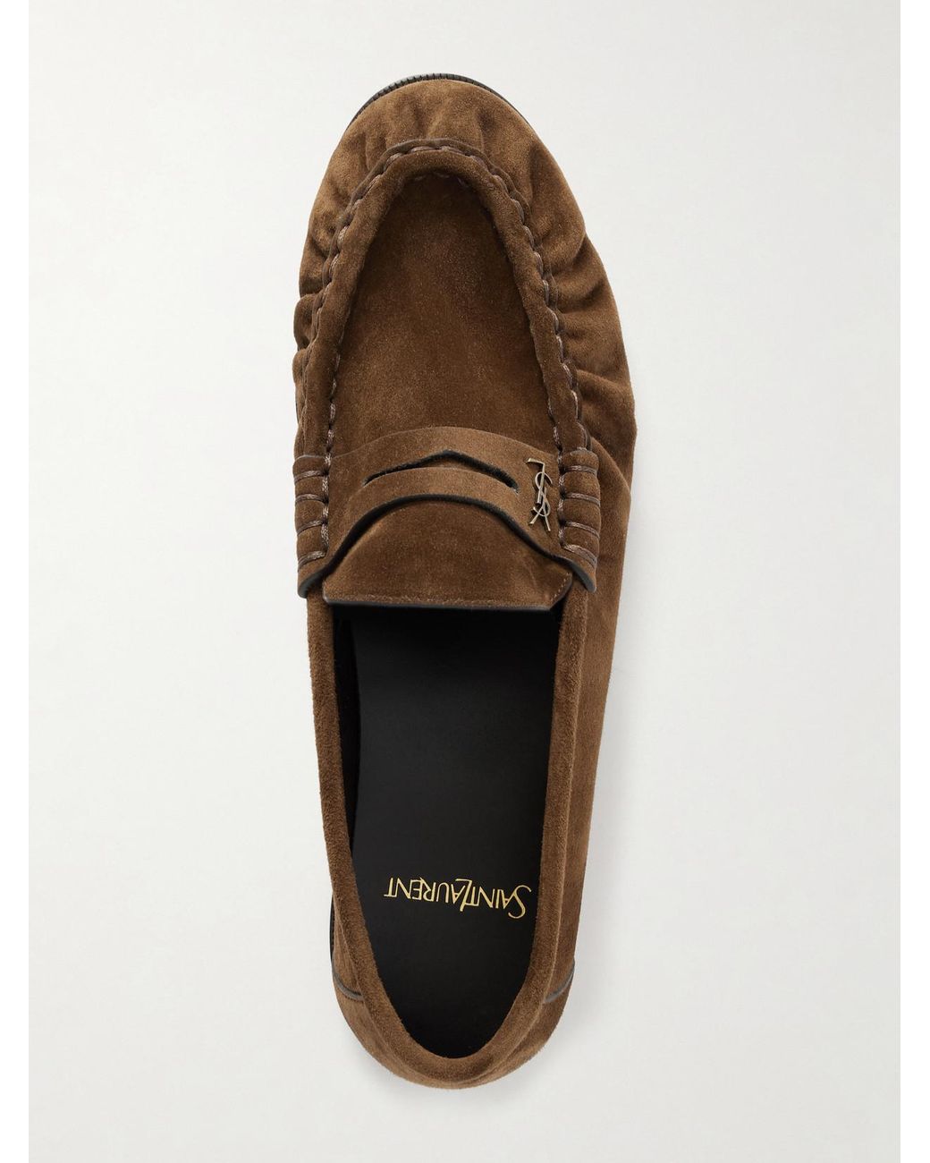 Saint Laurent Brown Le Loafer Cassandre-Embellished Suede Loafers