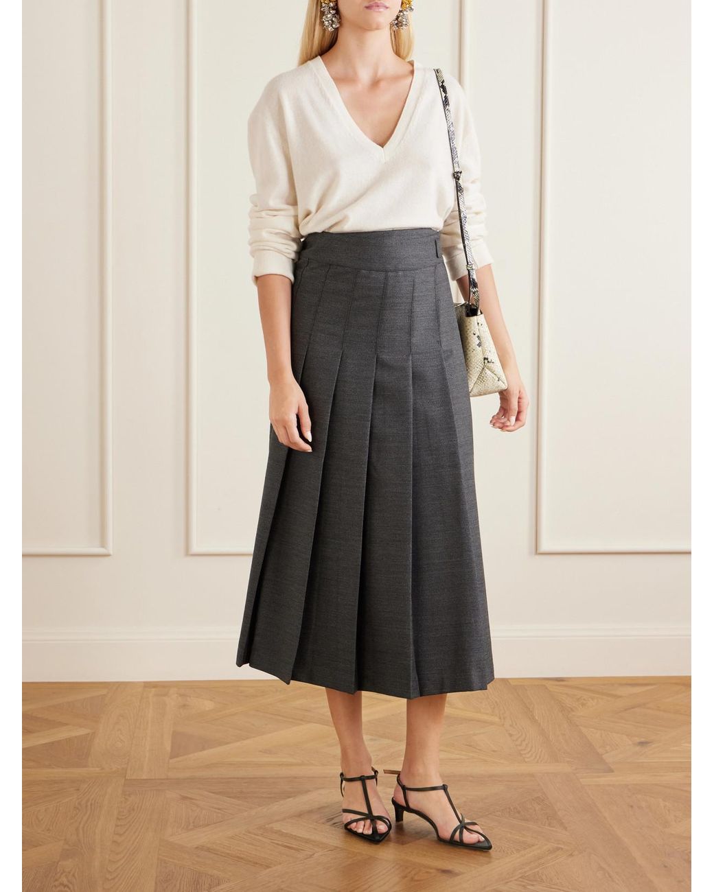 Rohe Blue Pleated Wool-Blend Midi Skirt
