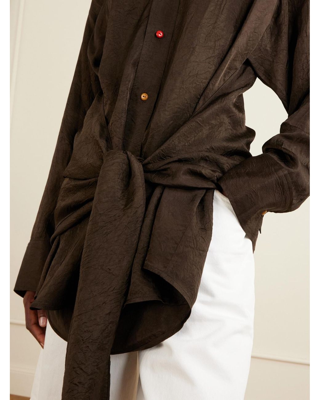 OSSOU Brown Arroyo Knotted Crinkled-Satin Shirt