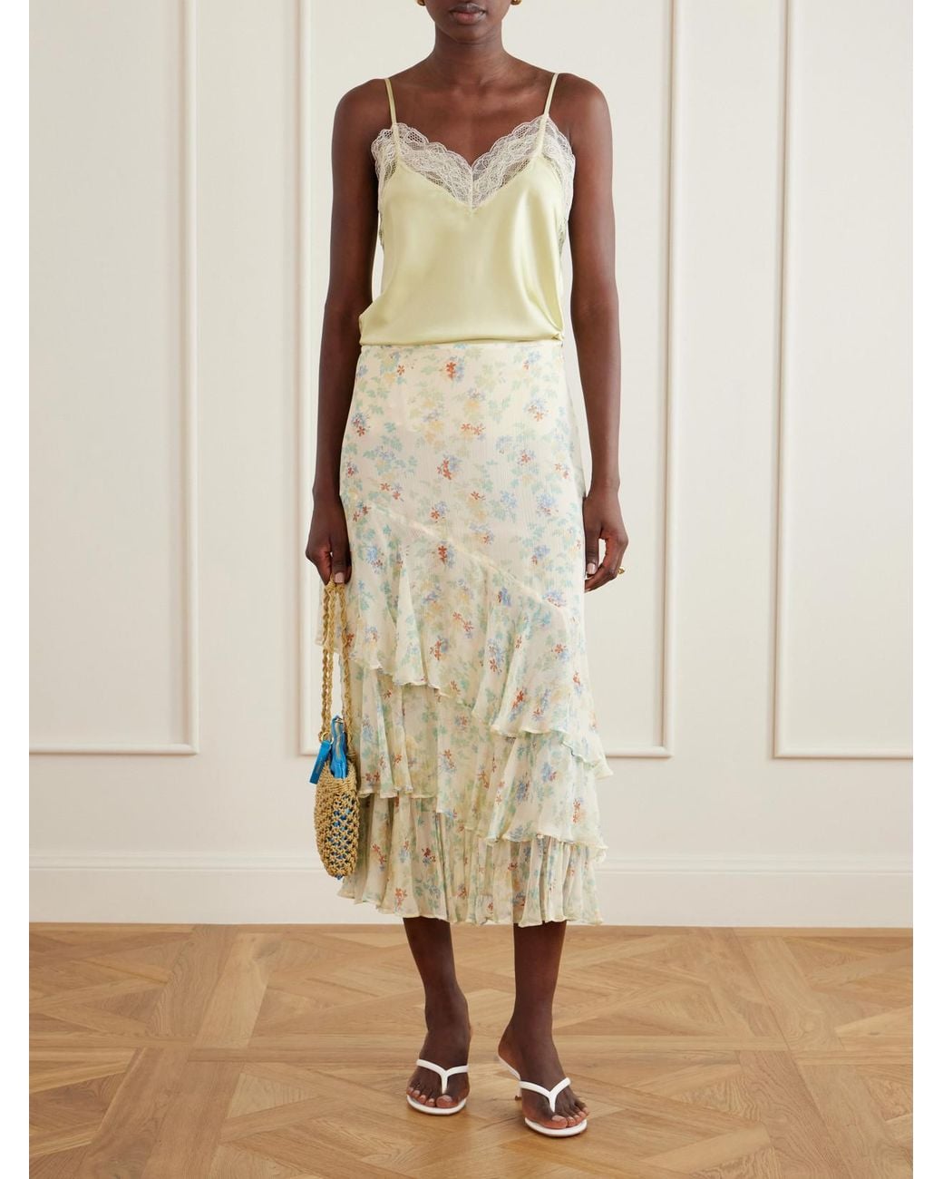 Ulla Johnson Natural Meadow Floral-Print Crepon-Silk Midi Skirt
