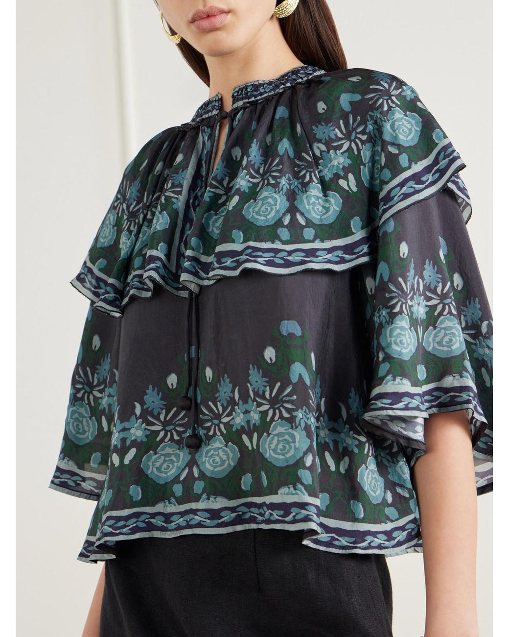 Sea Gray Tulla Cape-Detailed Printed Habotai Blouse