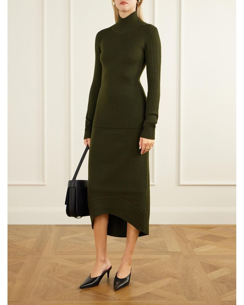 Victoria Beckham Green Ribbed Wool-Blend Midi Skirt