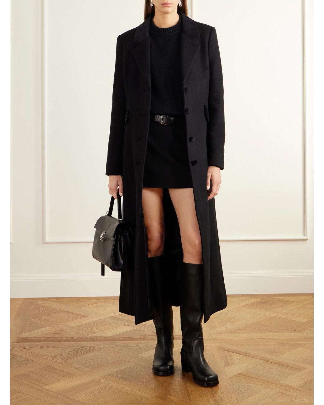 D'Estree Black Maria Velvet-Trimmed Wool-Felt Coat