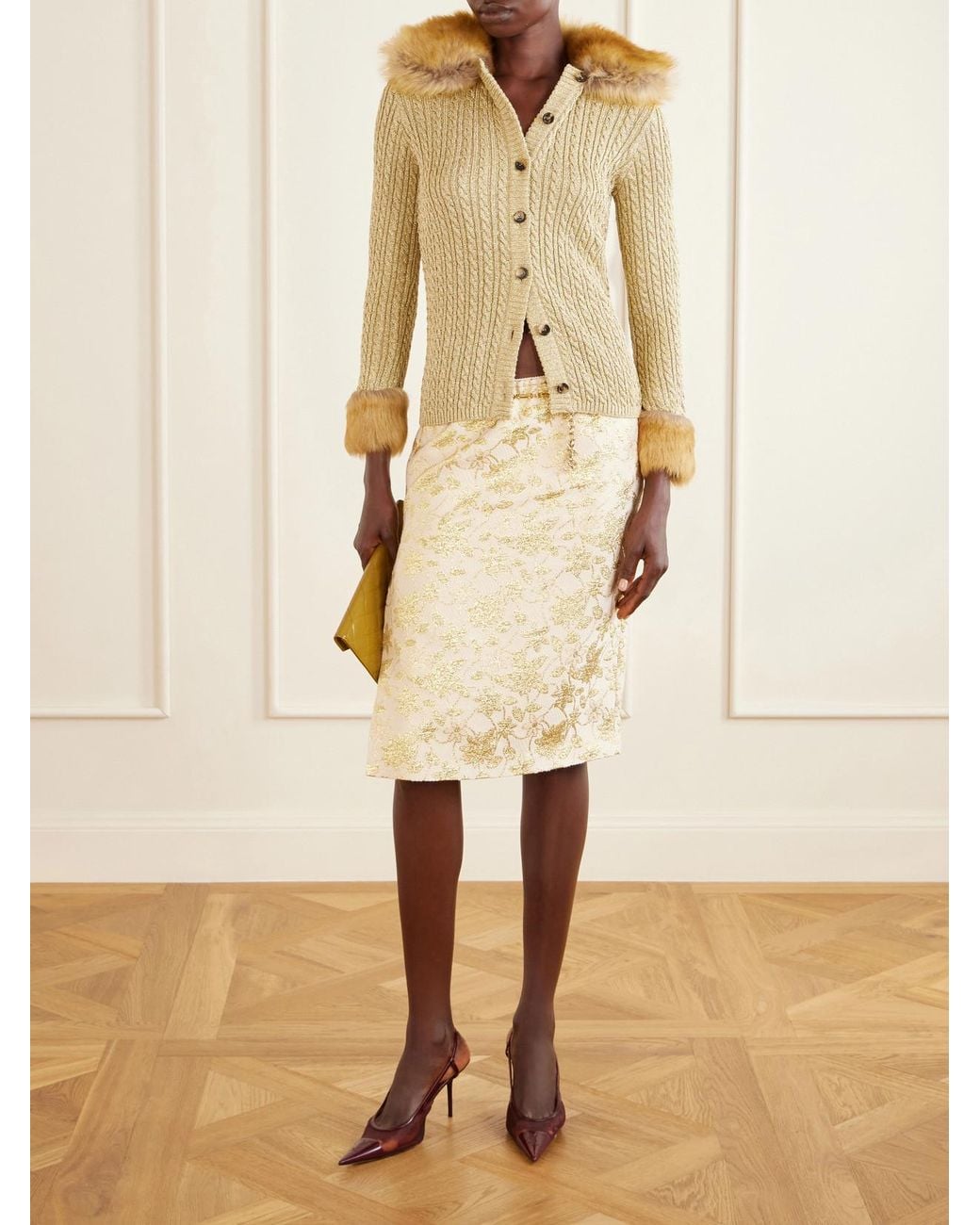 Saint Laurent Natural Floral-Brocade Midi Skirt