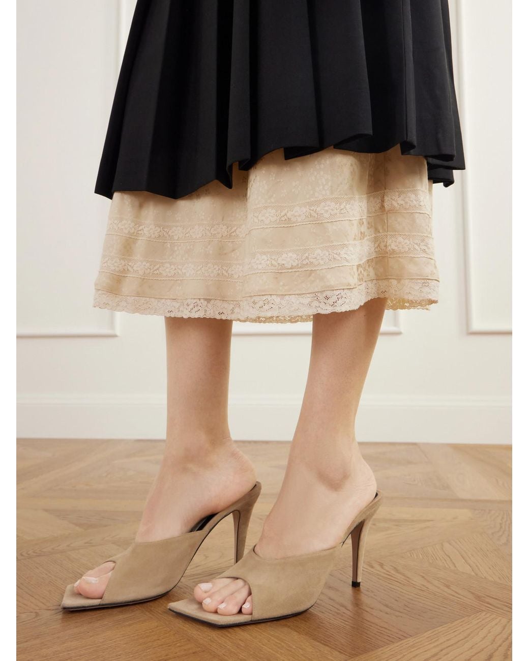 Sea Blue Kathleen Lace And Floral Jacquard-Trimmed Pleated Crepe Midi Skirt