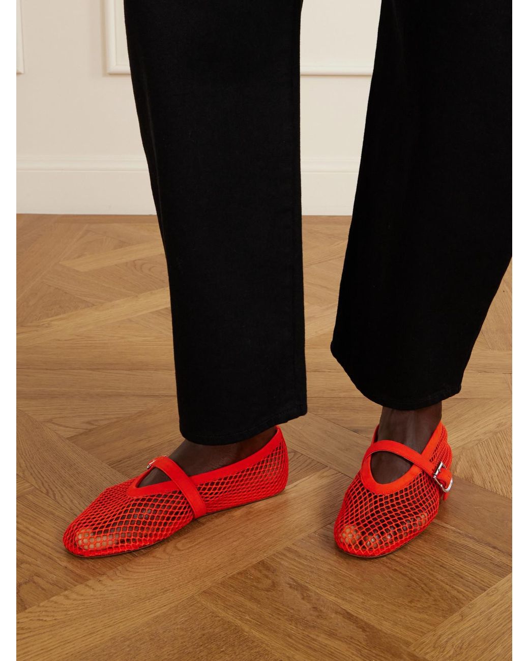 Alaïa Red Suede-Trimmed Mesh Ballet Flats