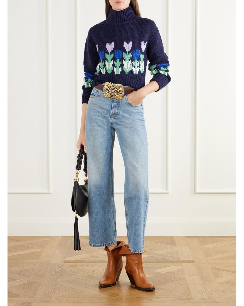 Chloé Blue Cropped Mock-Neck Floral-Intarsia Wool Sweater