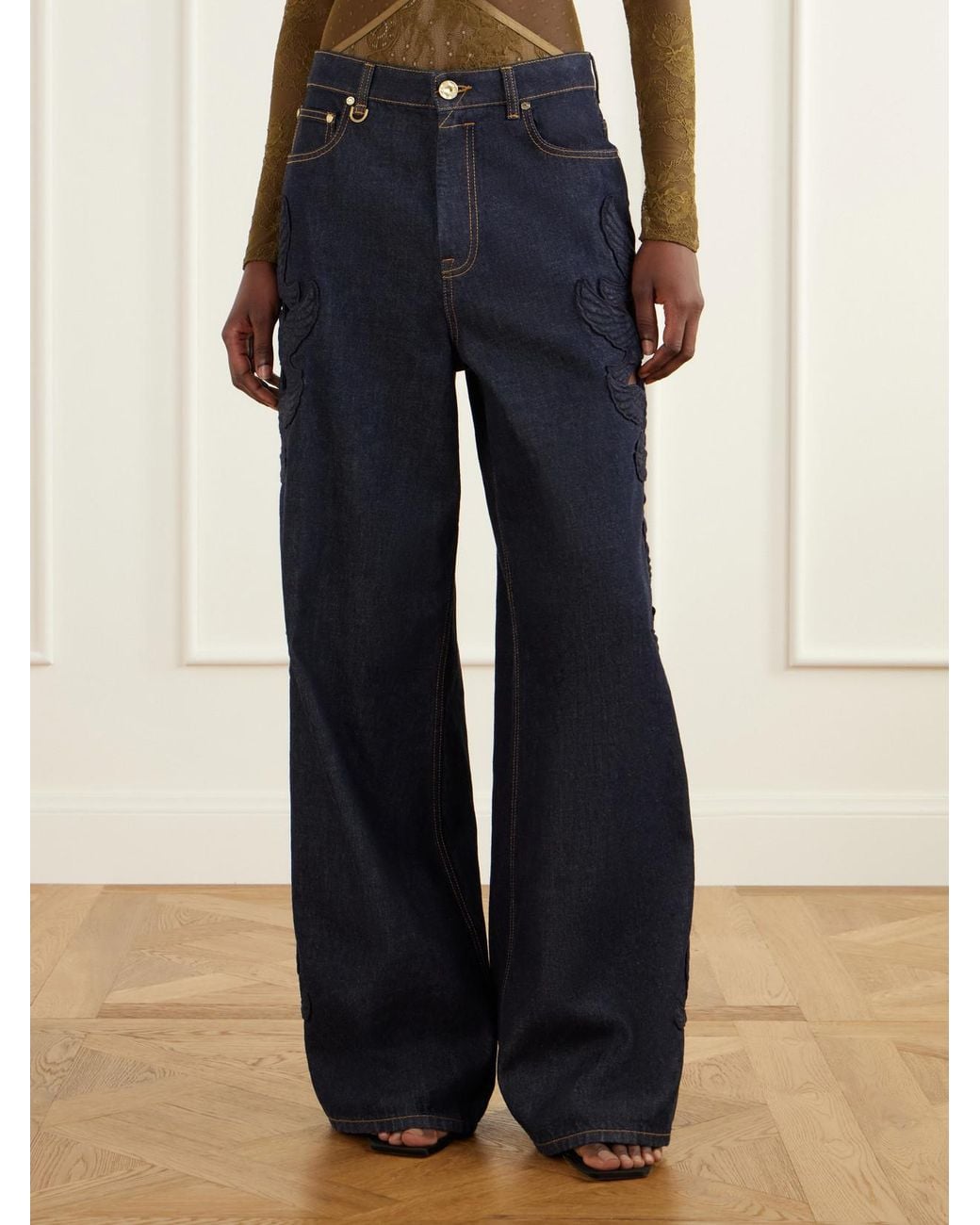 Zimmermann Blue Appliquéd High-Rise Straight-Leg Jeans
