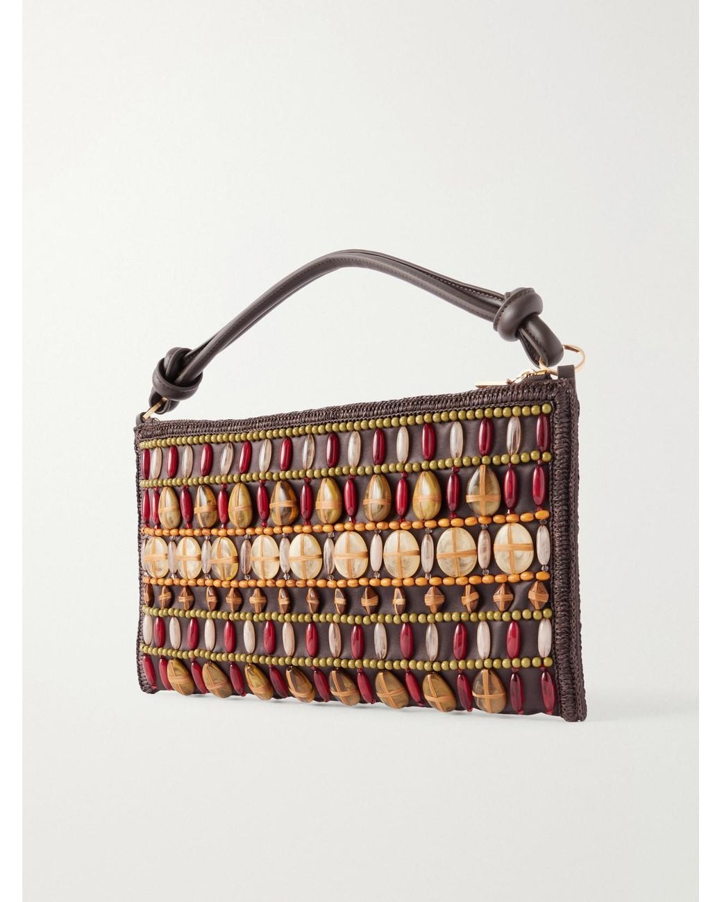Cult Gaia Brown Hera Bead-Embellished Leather And Raffia-Trimmed Satin Shoulder Bag