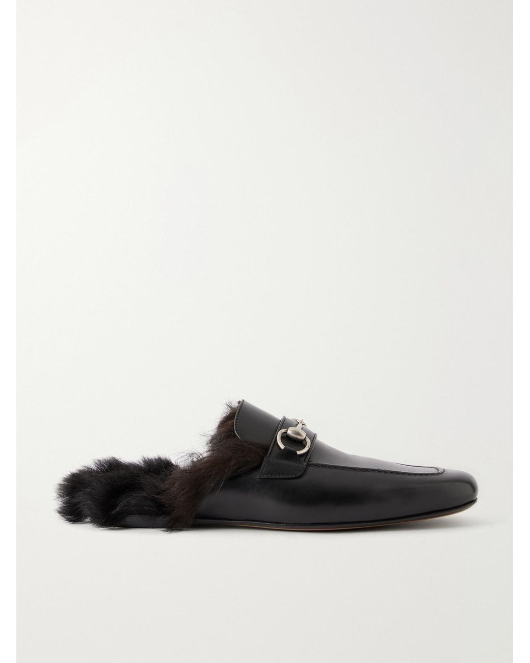 Gucci White Casanova Horsebit-Detailed Shearling-Trimmed Leather Mules