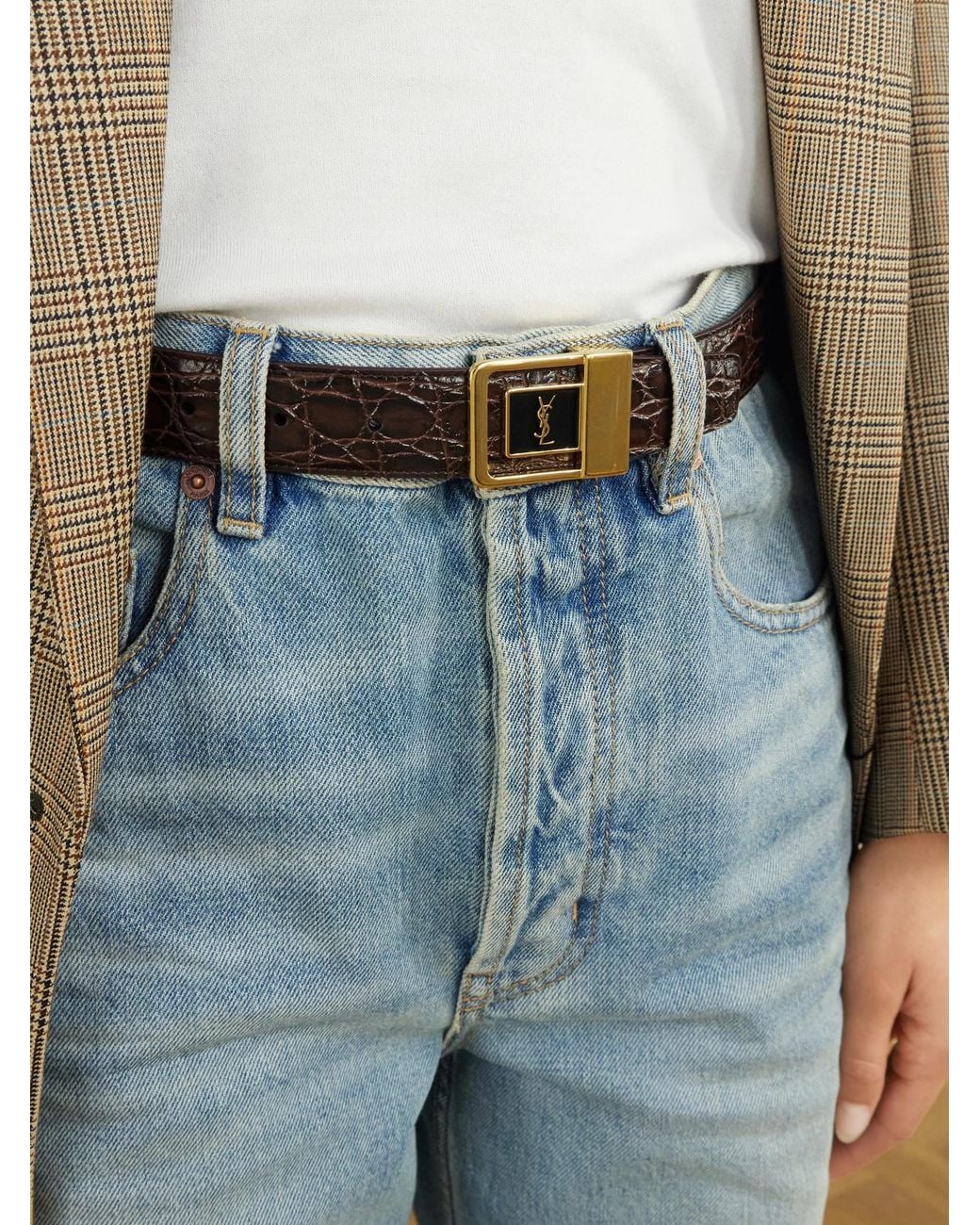 Saint Laurent Black La 66 Croc-Effect Leather Belt