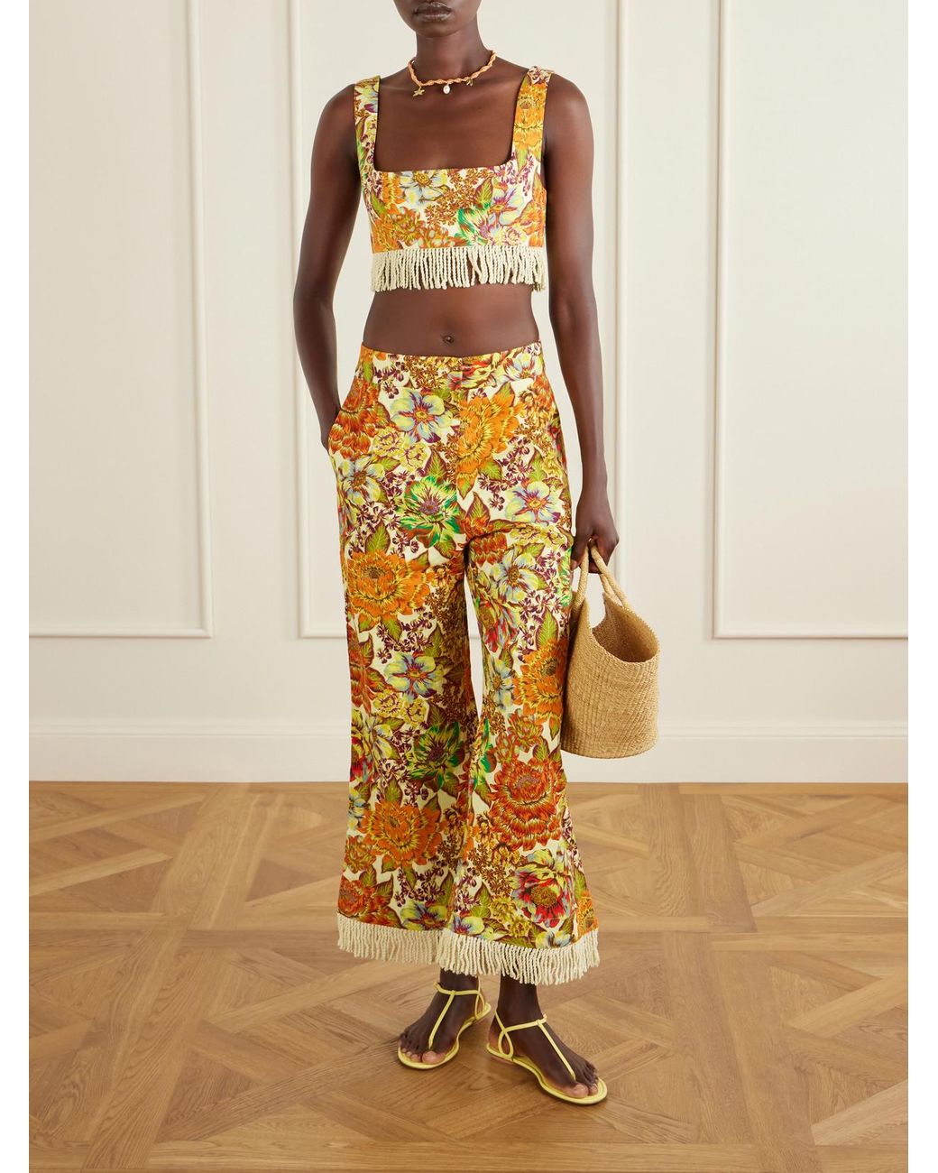 ALÉMAIS Metallic Fringed Cropped Floral-Print Linen Top