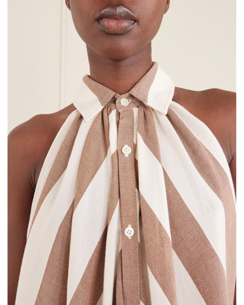 Marrakshi Life Natural Striped Cotton-Poplin Halterneck Maxi Dress