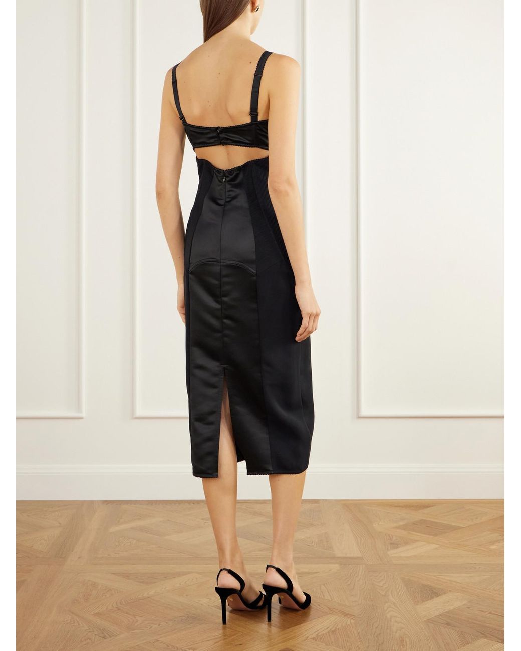 Dolce & Gabbana Black Paneled Cut-Out Lace-Trimmed Satin And Crepe Bustier Midi Dress
