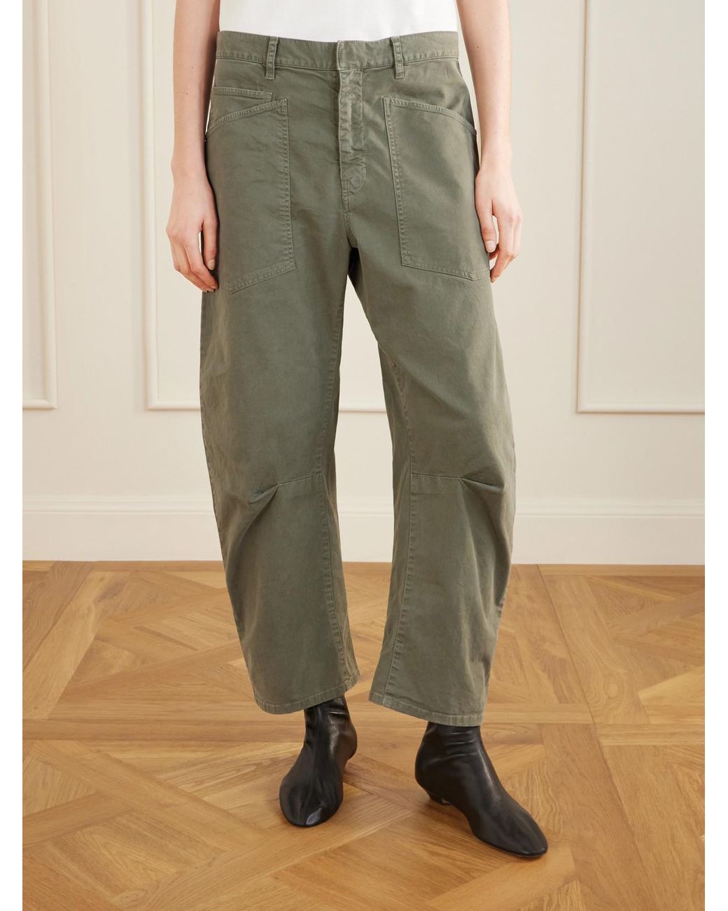 Nili Lotan Green Shon Cotton-Blend Twill Barrel-Leg Pants
