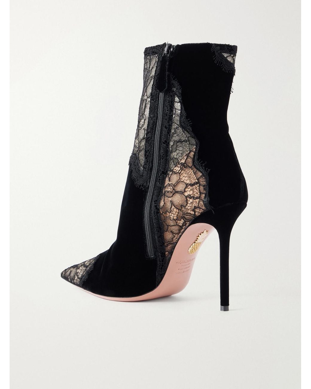 Aquazzura Black Velvet Meadow Bootie 105 Lace-Trimmed Velvet Ankle Boots