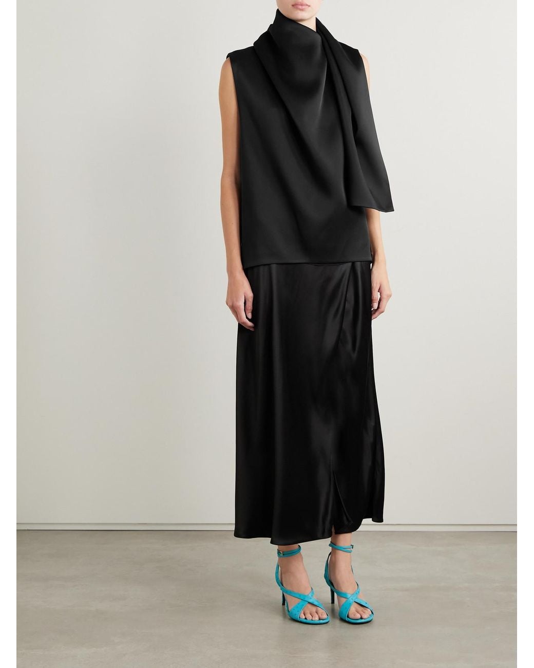 Khaite Black Loe Draped Satin-Crepe Blouse