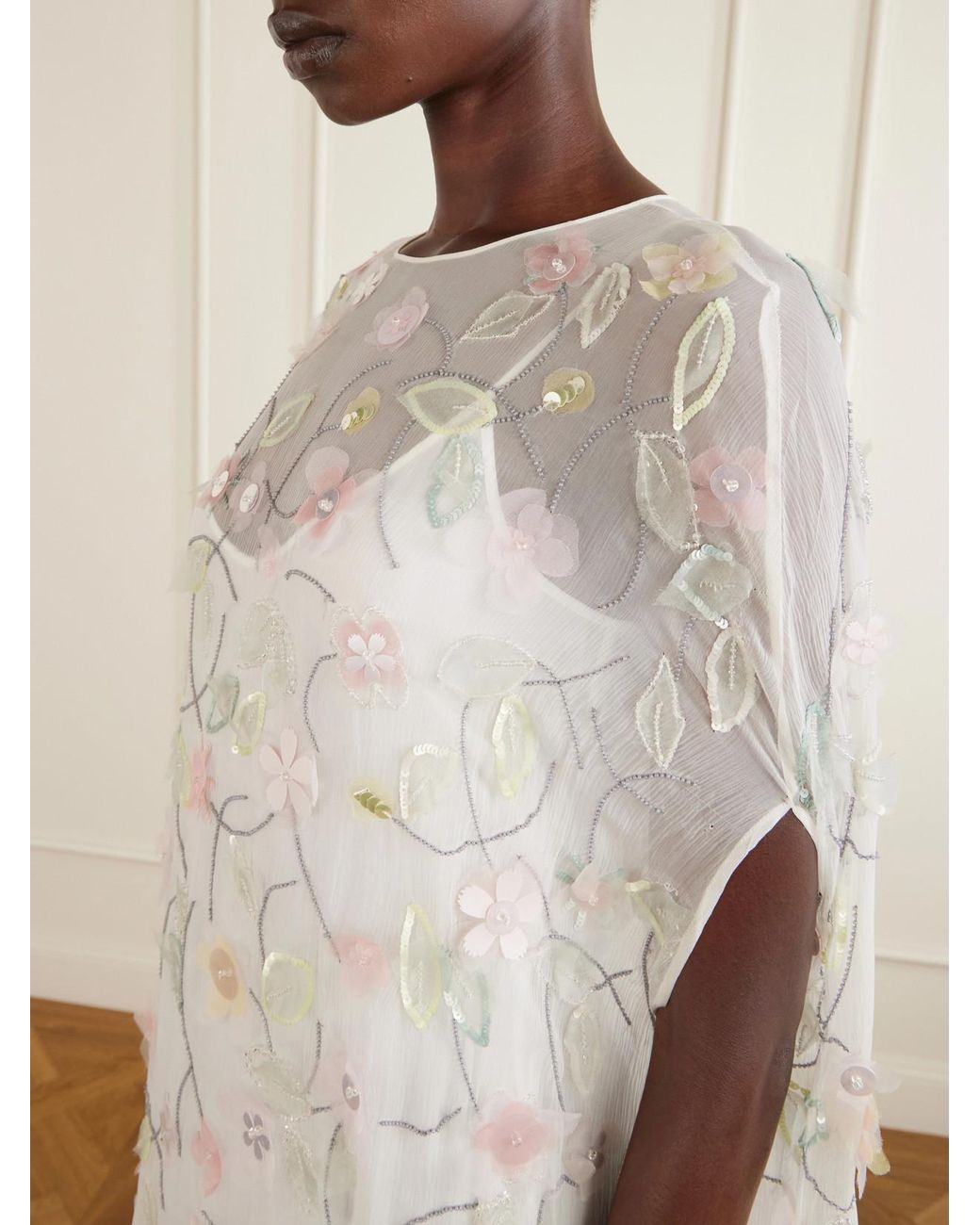 BERNADETTE White Embroidered Sequin-Detailed Recycled Chiffon Gown