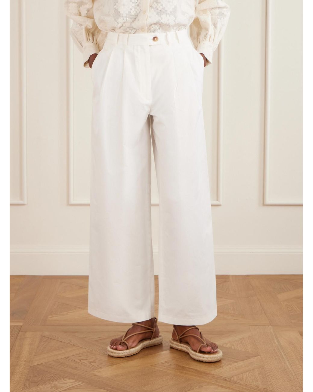 Doen White Lisa Pleated Cotton-Twill Wide-Leg Pants