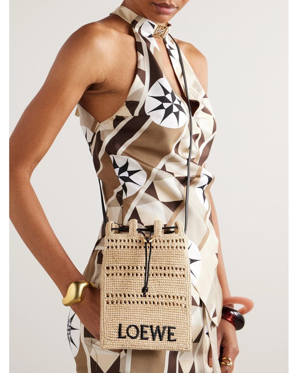 Loewe Natural Paula's Ibiza Leather-Trimmed Embroidered Raffia Shoulder Bag