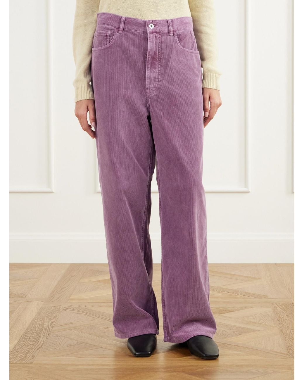 Auralee Purple Finx Garment-Dyed Cotton-Corduroy Wide-Leg Pants