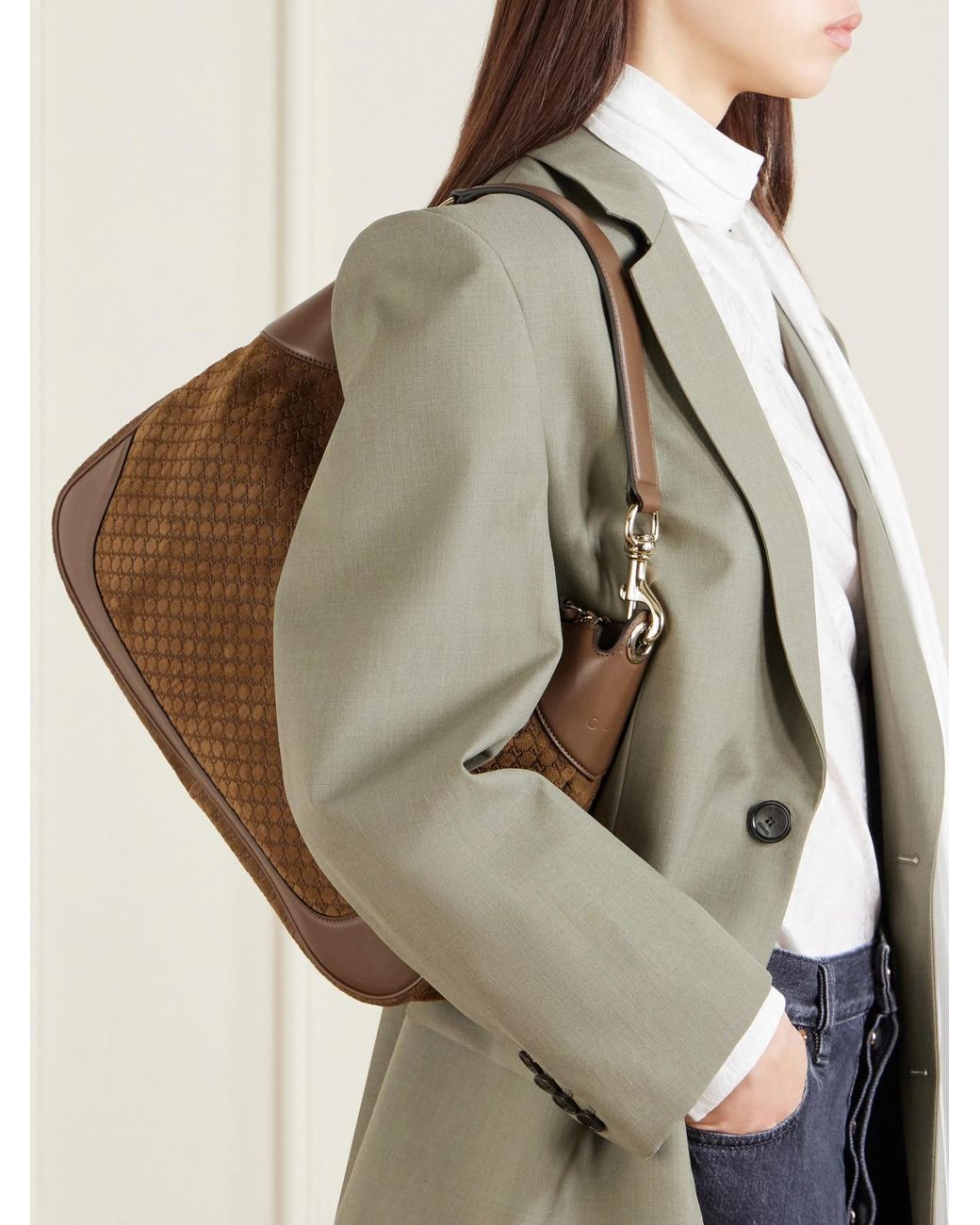 Gucci Brown B Medium Leather-Trimmed Debossed Suede Shoulder Bag