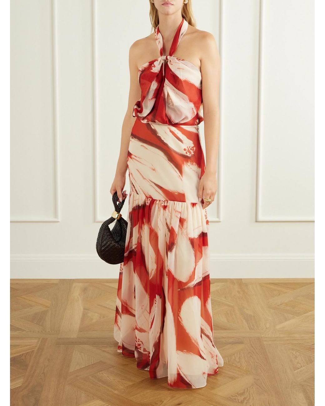 ANDRES OTALORA Red Un Martini Floral-Print Chiffon Maxi Dress