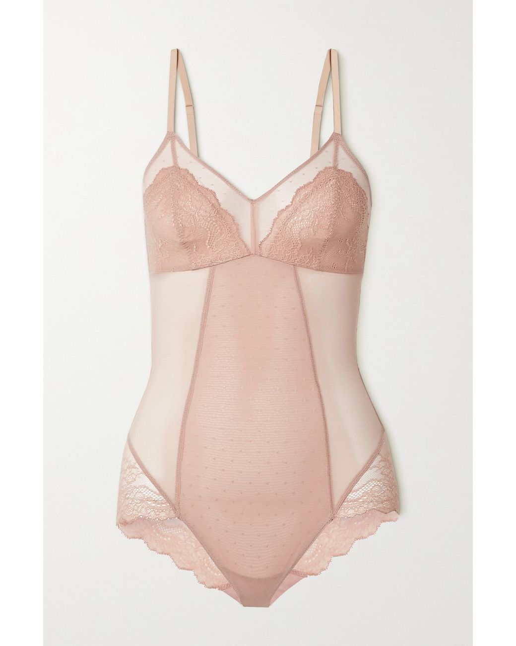 Spanx Spotlight Lacetrimmed Stretchtulle Bodysuit Lyst