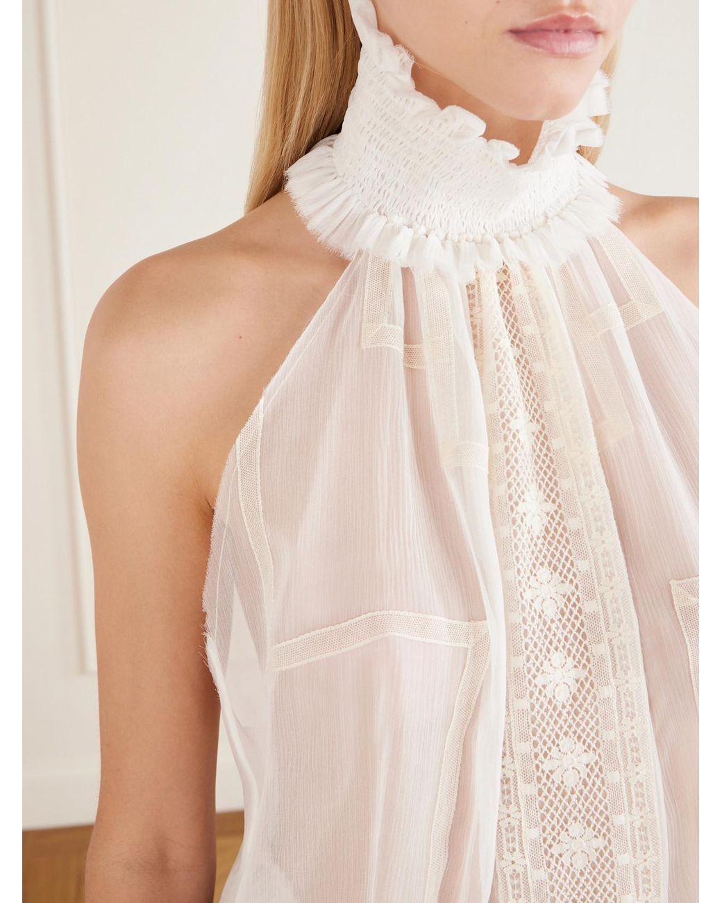 Dilara Findikoglu White Mask Of Pleasing Lace-Trimmed Silk Blouse