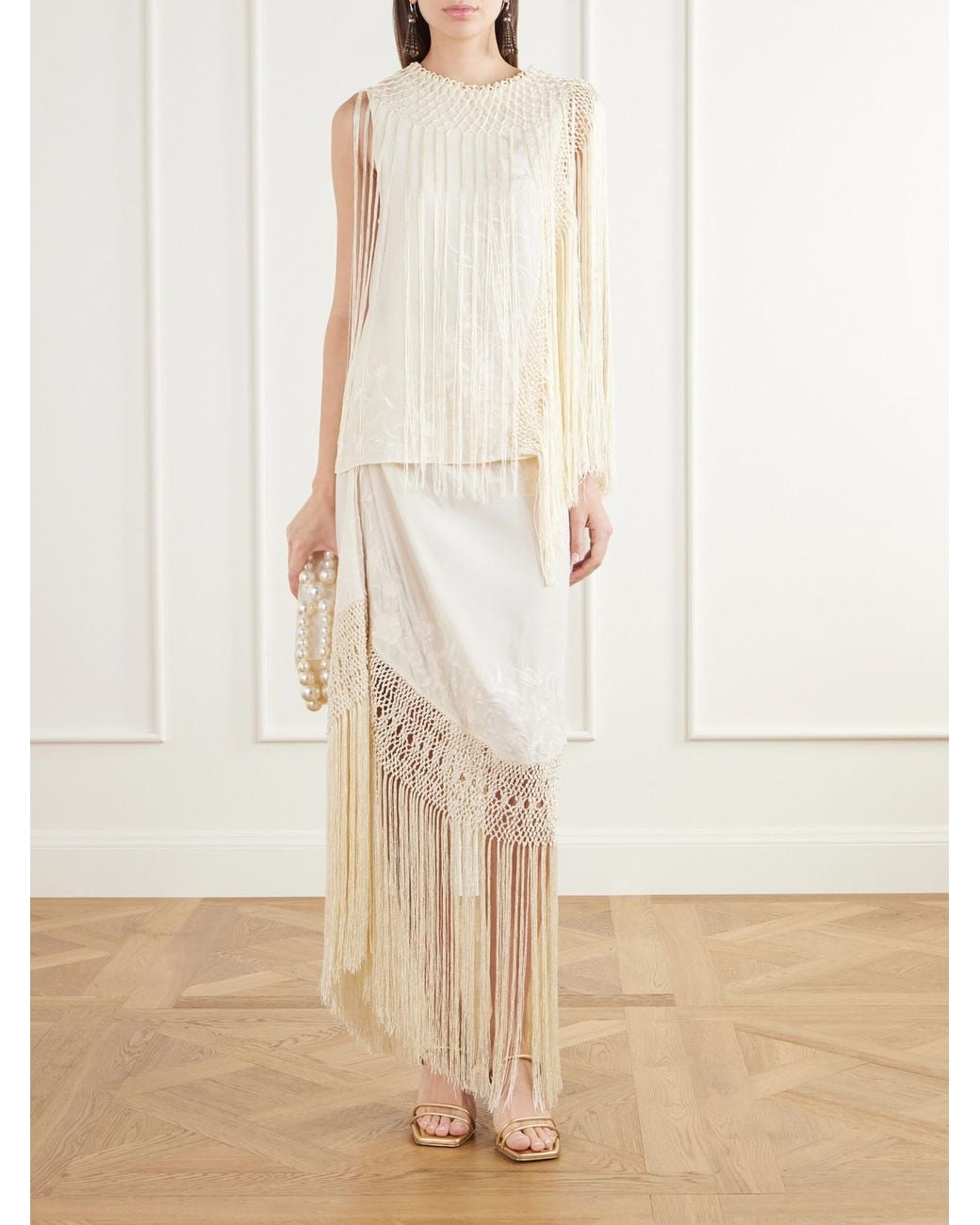 Ulla Johnson White Lark Fringed Embroidered Silk-Crepe De Chin Midi Skirt