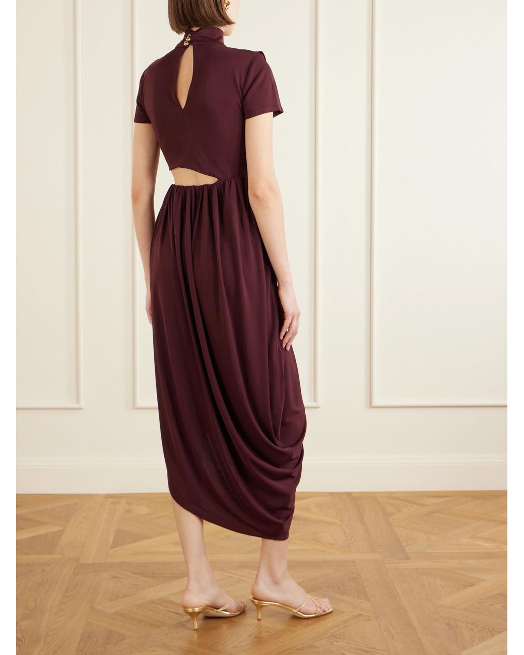 Violante Nessi Purple Pagani Cutout Embellished Gathered Crepe De Chine Midi Dress