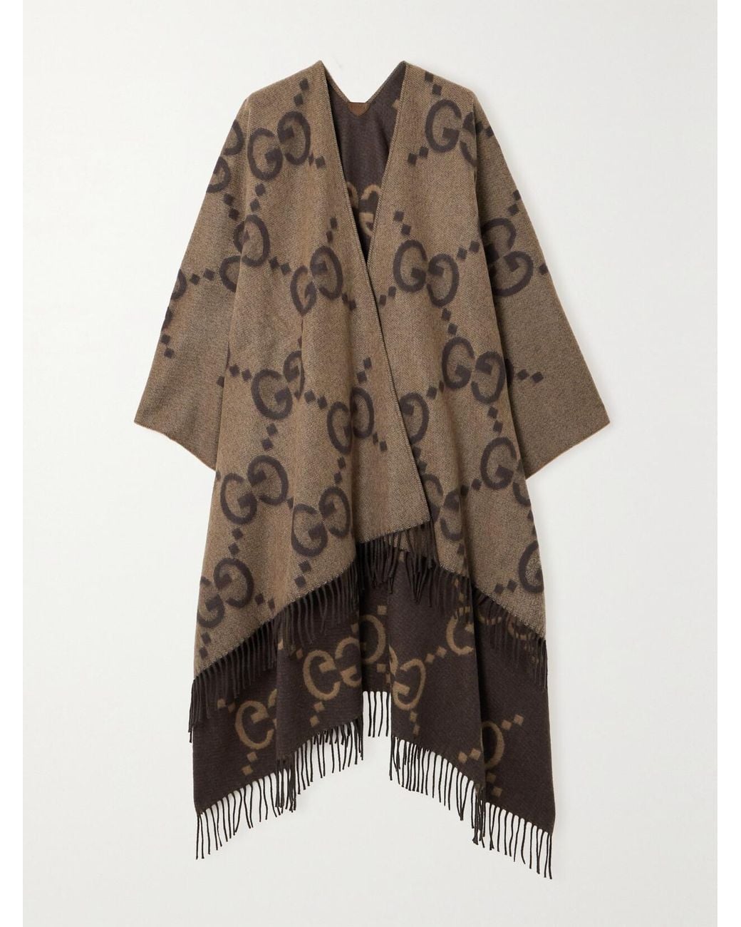 Gucci Brown Reversible Fringed Jacquard-Knit Cashmere Wrap
