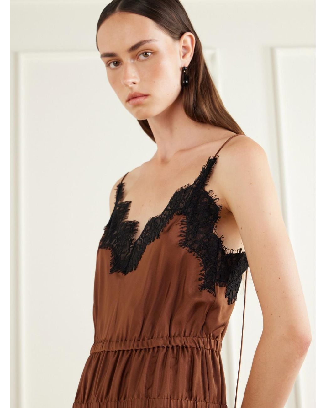 Rohe Brown Camura Lace-Trimmed Shirred Silk-Satin Midi Dress